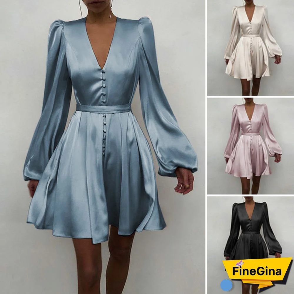 Autumn Women Long Sleeve Mini Dress Silk Satin V Neck Party Elegant Casual Pleated A Line Dress Plus Size
