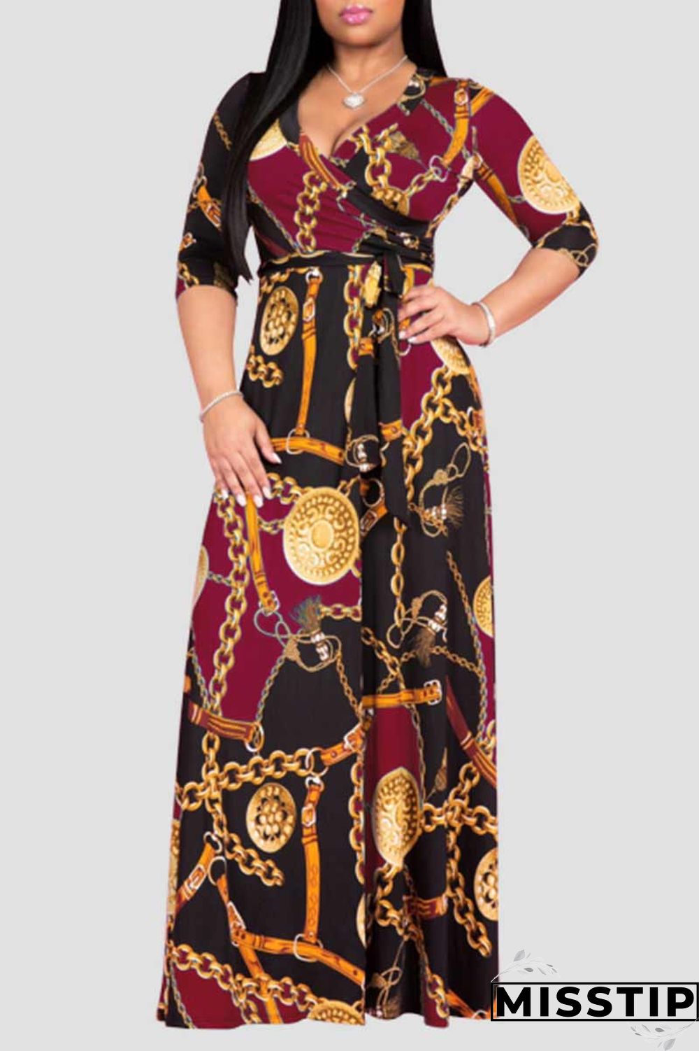 Burgundy Casual Elegant Print Bandage Patchwork V Neck Straight Dresses