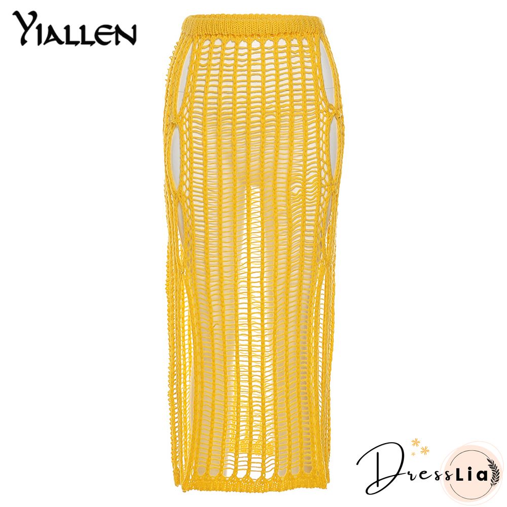 Summer Yellow Openwork Weaving Long Skirt