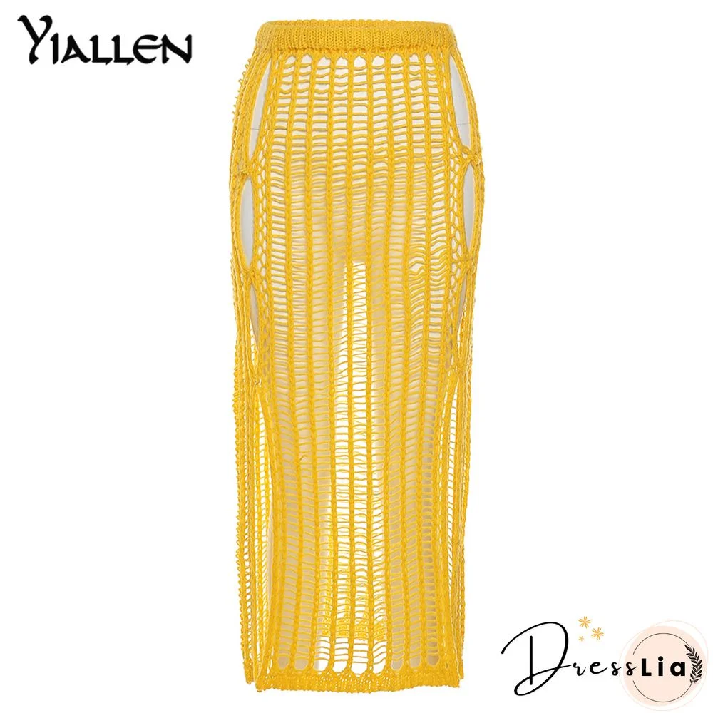 Yiallen Summer Yellow OpenworkWeaving Long Skirt New Women Sexy Chic Maxi Skirt Casual Streetwear Club Party Y2k Outfits