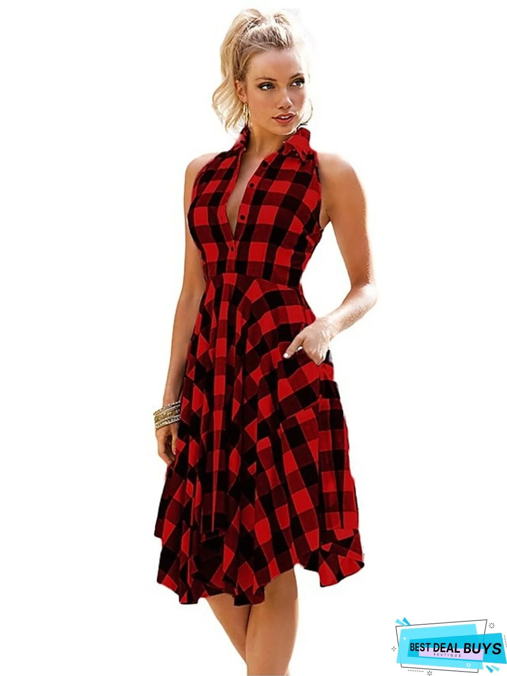 Women Black White Plaid Checks Dress Sleeveless Irregular Pleated Shirt Dress S