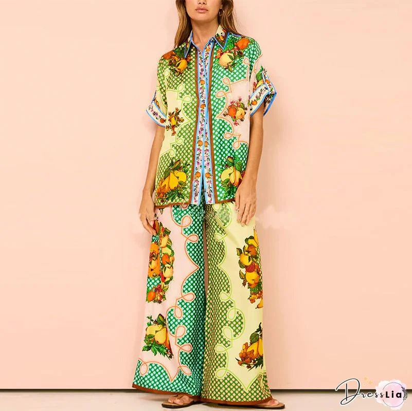 Fashion Tie-dye Print Loose Two Piece Suits Elegant Lapel Botton Shirt And Straight Pants Sets Women Casual Long Sleeve Outfits