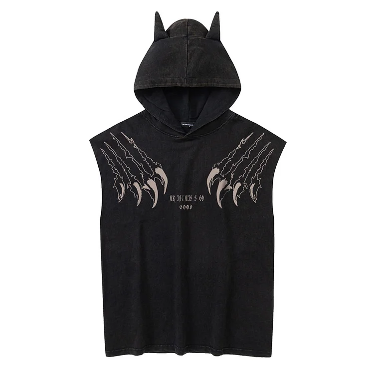  Devil Print Hooded Tank Top Street Hip Hop Sleeveless T-Shirt at Hiphopee