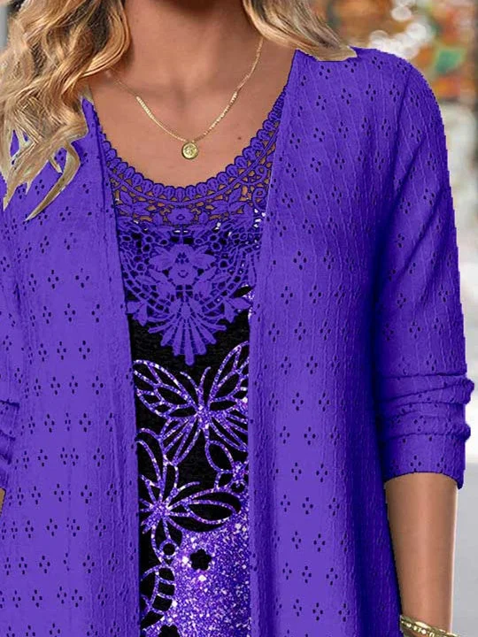Women Long Sleeve Scoop Neck Butterfly Printed Printed Graphic Lace Two-Pieced Tops