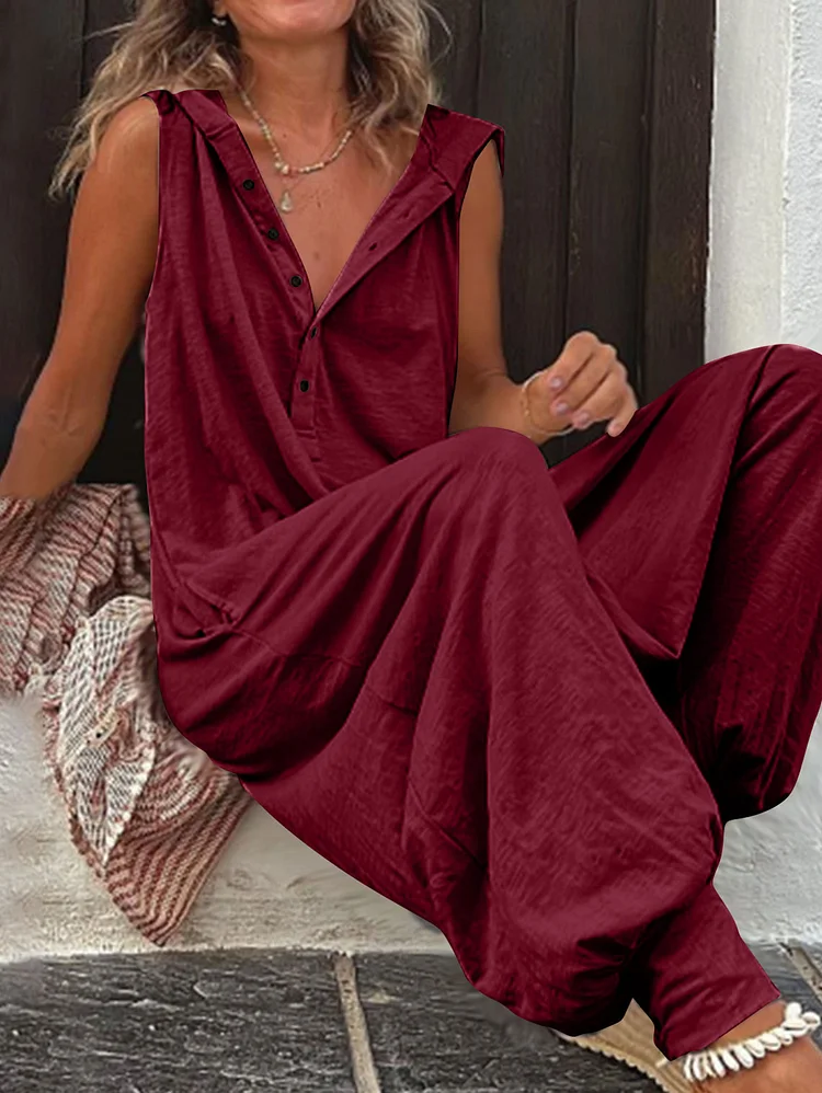 Casual Plain Single Breasted Loose Sleeveless Hooded Overall Jumpsuit