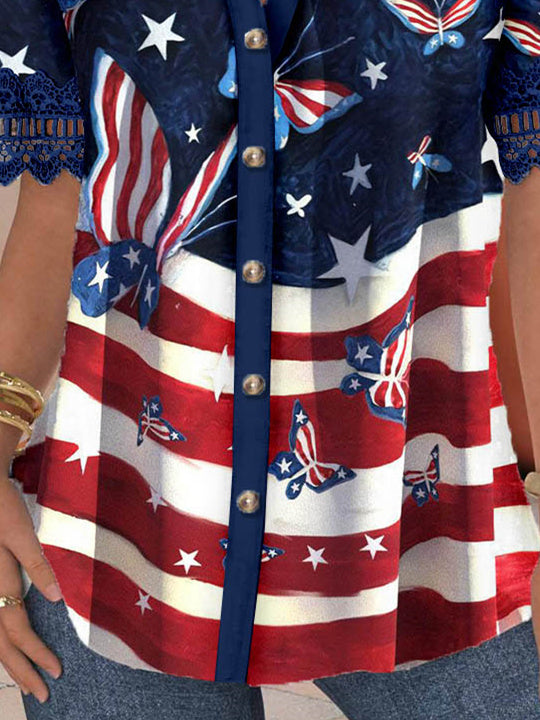 Women Short Sleeve V-neck Striped Butterfly Printed Graphic Lace Hollow Stitching Button Tops
