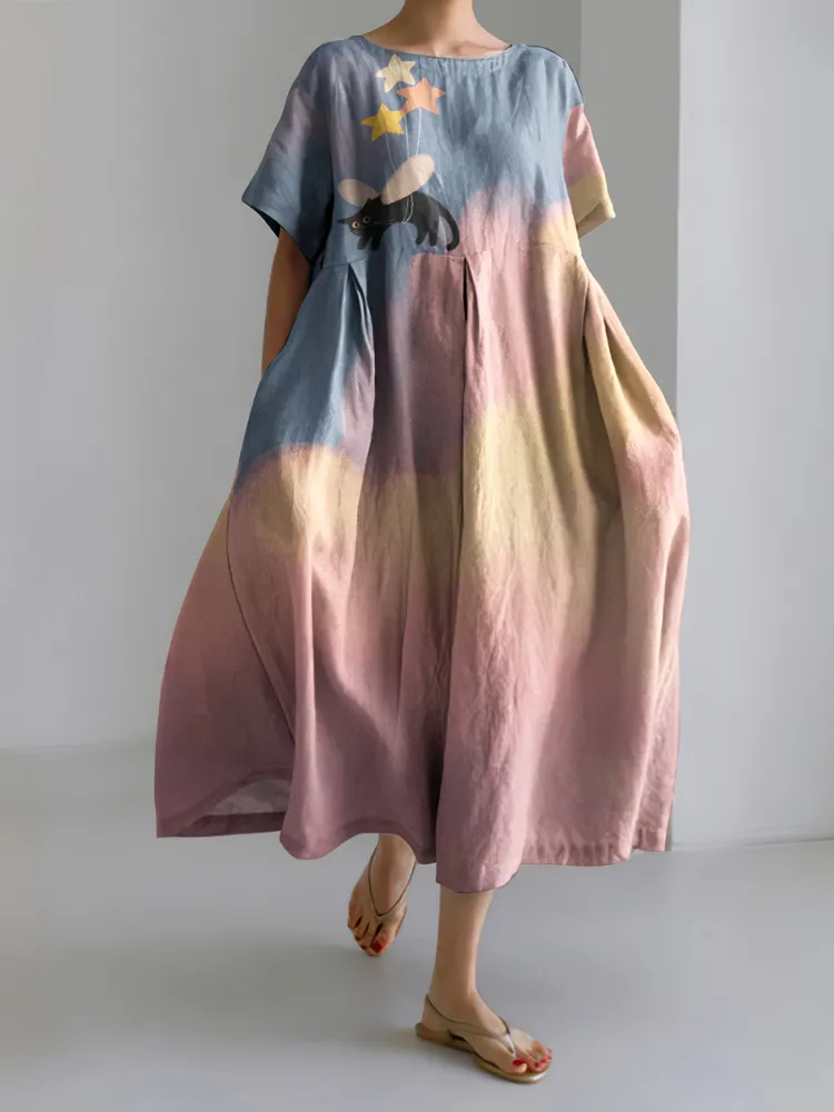 Abstract Creative Star Black Cat On The Sky Painting Art Linen Blend Dress