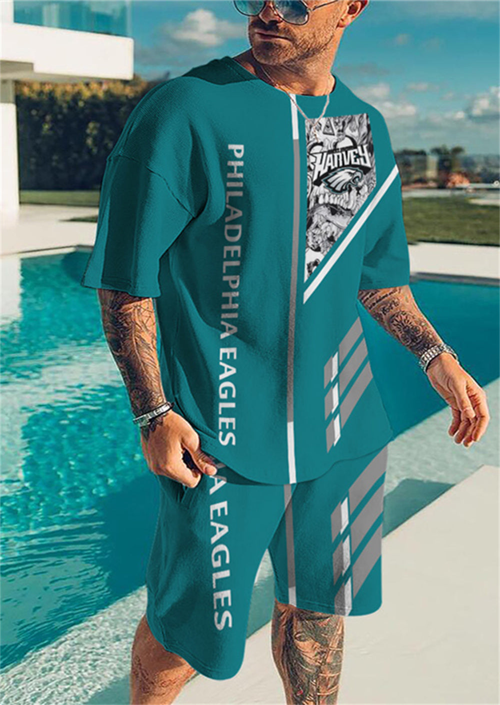 Philadelphia Eagles 2 Pieces Outfits 1/4 Zip Collared Tops Summer Board  Shorts