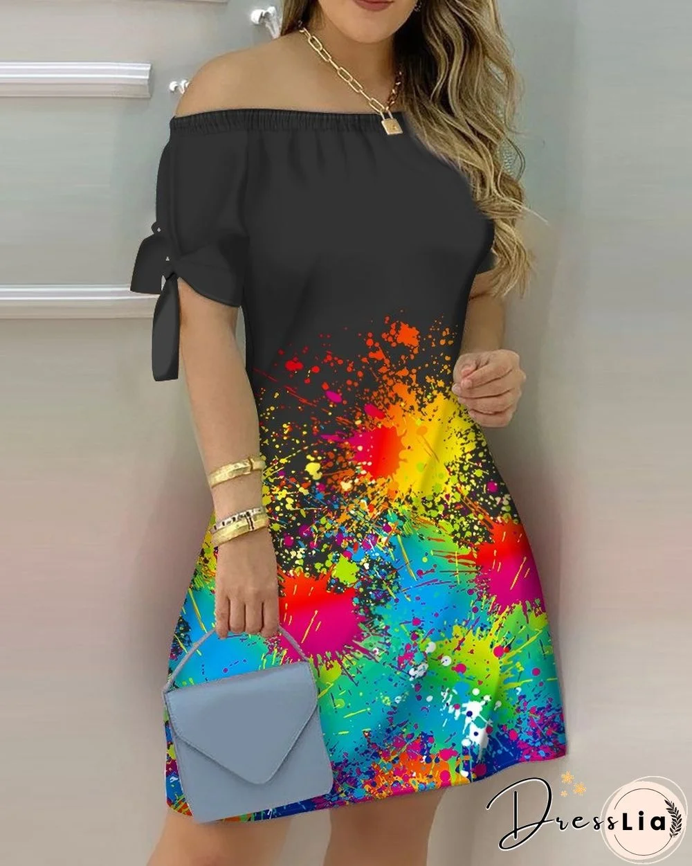 Sexy Female Casual Striped Off Shoulder Short Sleeve Mini DressFor Ladies Bow Tie Print A Line Party Short Dresses Vestidos