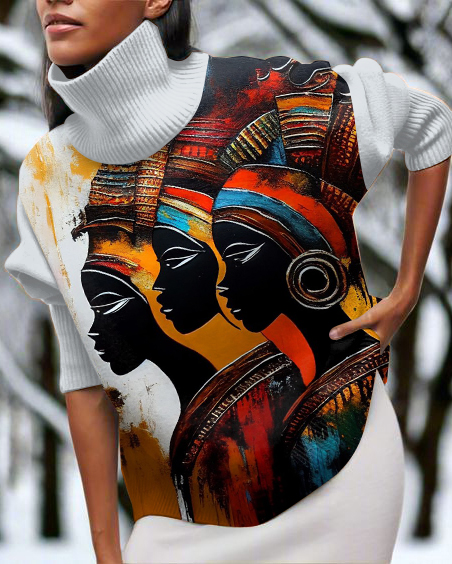 African Woman African Tribal Art High Neck Long Sleeve Top