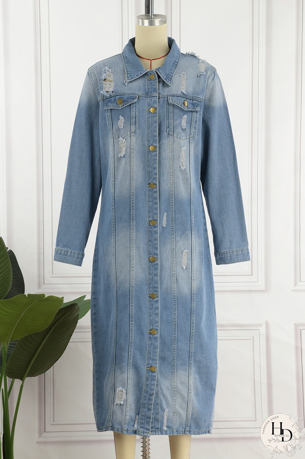 Deep Blue Casual Solid Ripped Patchwork Turndown Collar Long Sleeve Regular Denim Jacket