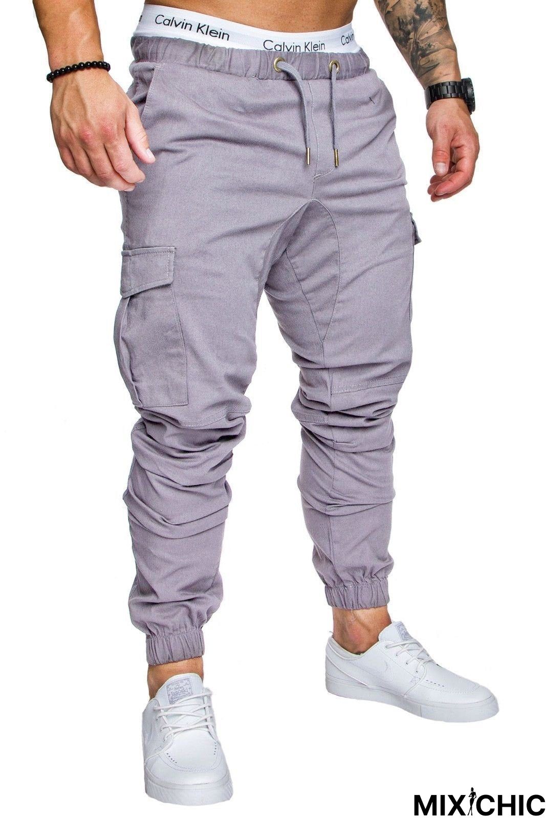 Men Casual Joggers Solid Color Pants Cotton Elastic Long Trousers