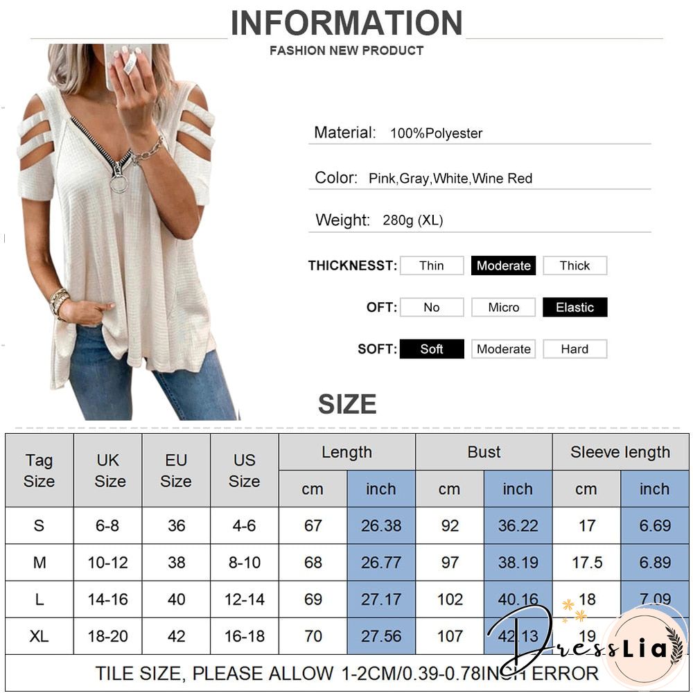 Summer Hollow Out Short Sleeve T-Shirts Women Sexy Zipper V-Neck Casual Ladies Tops Fashion Female Streetwear Blouse Tee D30