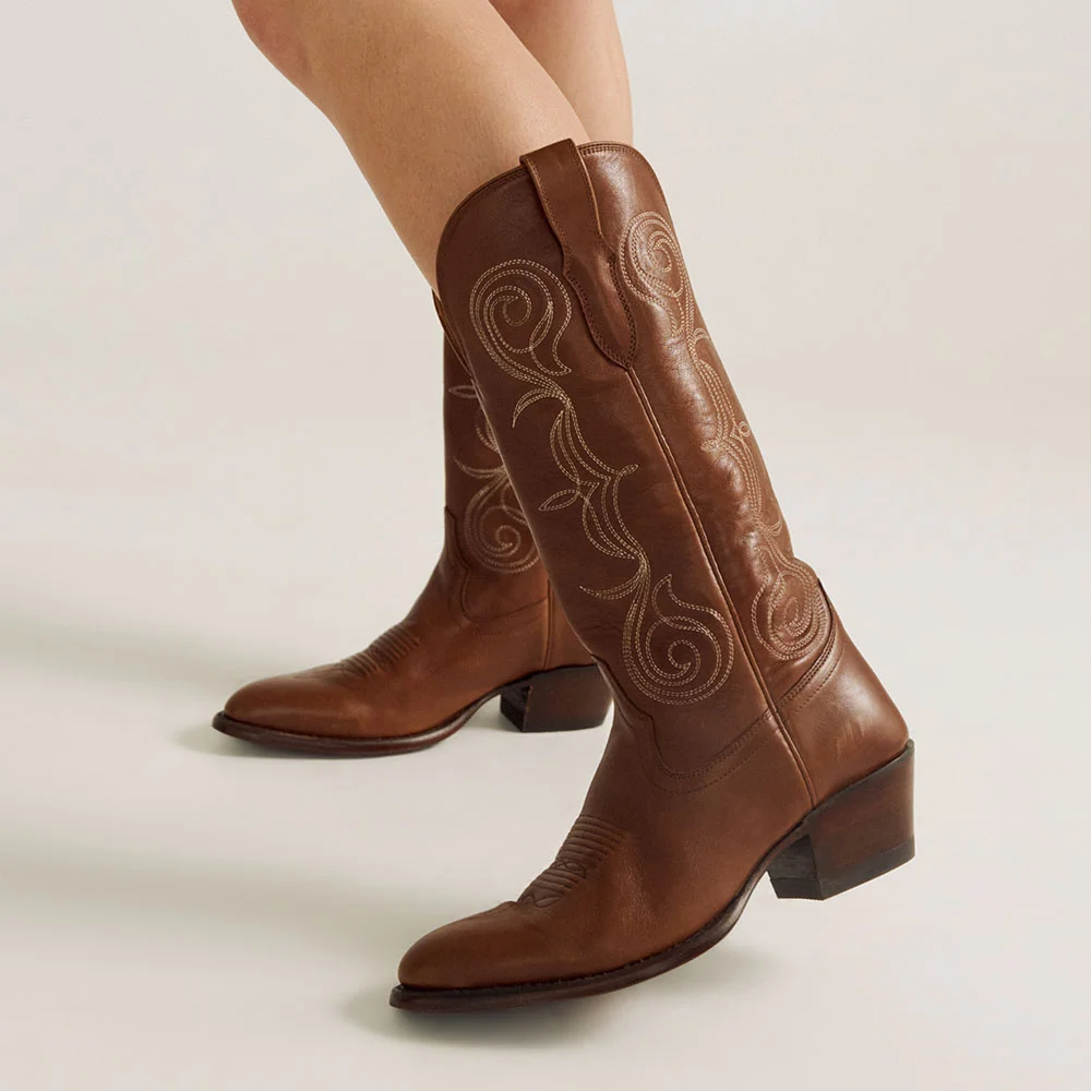 Brown Closed Toe Mid Heel Embroidered Slip On Western Boots for Women