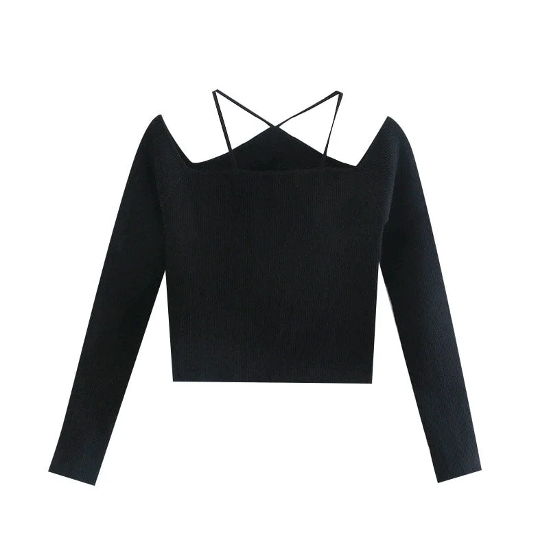 KPYTOMOA Women 2020 Fashion With Straps Cut-out Knitted Sweater Vintage Off The Shoulder Long Sleeve Female Pullovers Chic Tops