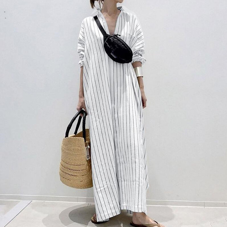 Fashion Collage Cotton Long Sleeve Solid Color Swing Lapel Maxi Dress