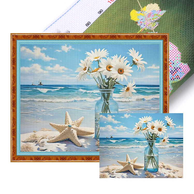 【Huacan Brand】Beach daisy vase 50*40cm 11CT Stamped Canvas Cross Stitch gbfke