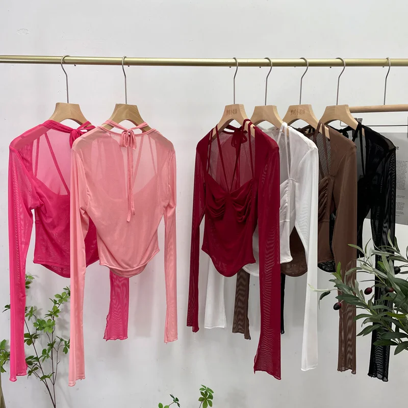 Churchf Sexy Hot Tie Tie With Hanging Neck Long-Sleeved Mesh T-Shirt Repair Short Open Fork Cuff Top 8932