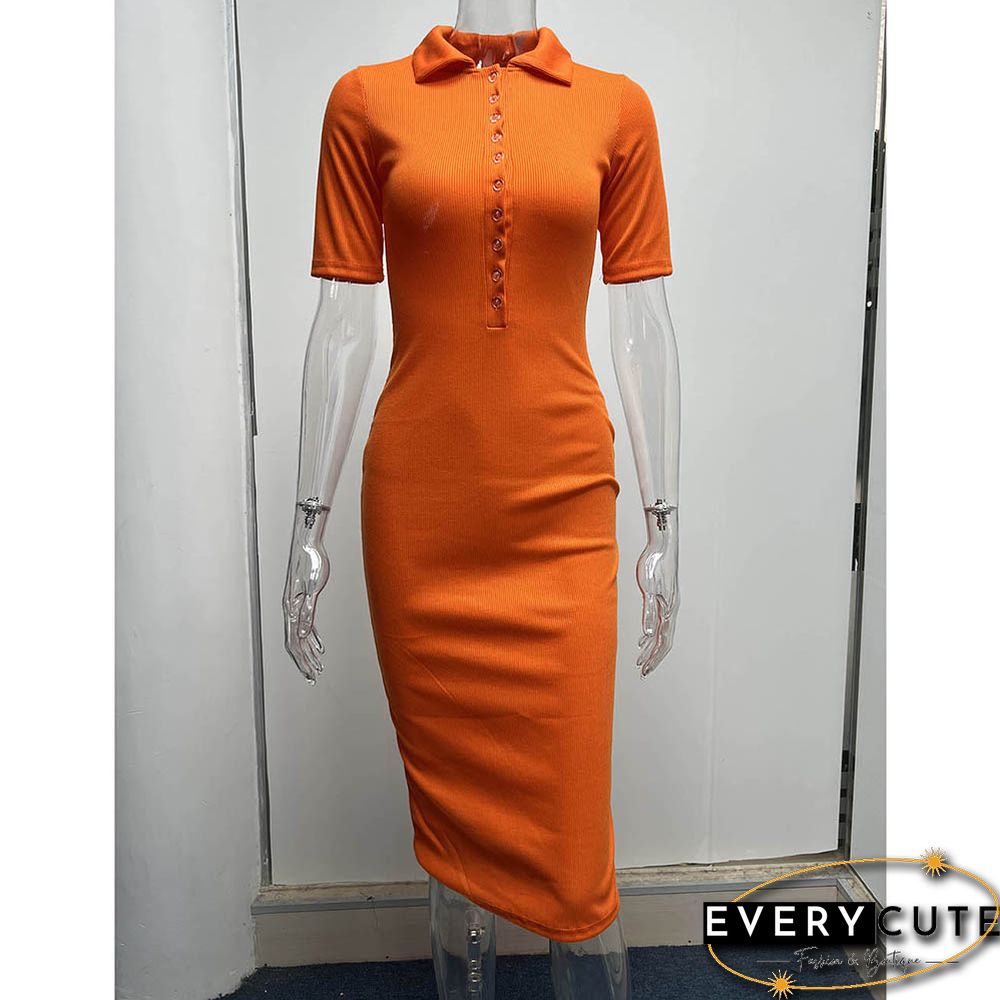 Orange Solid Buttons Lapel Collar Midi Dress