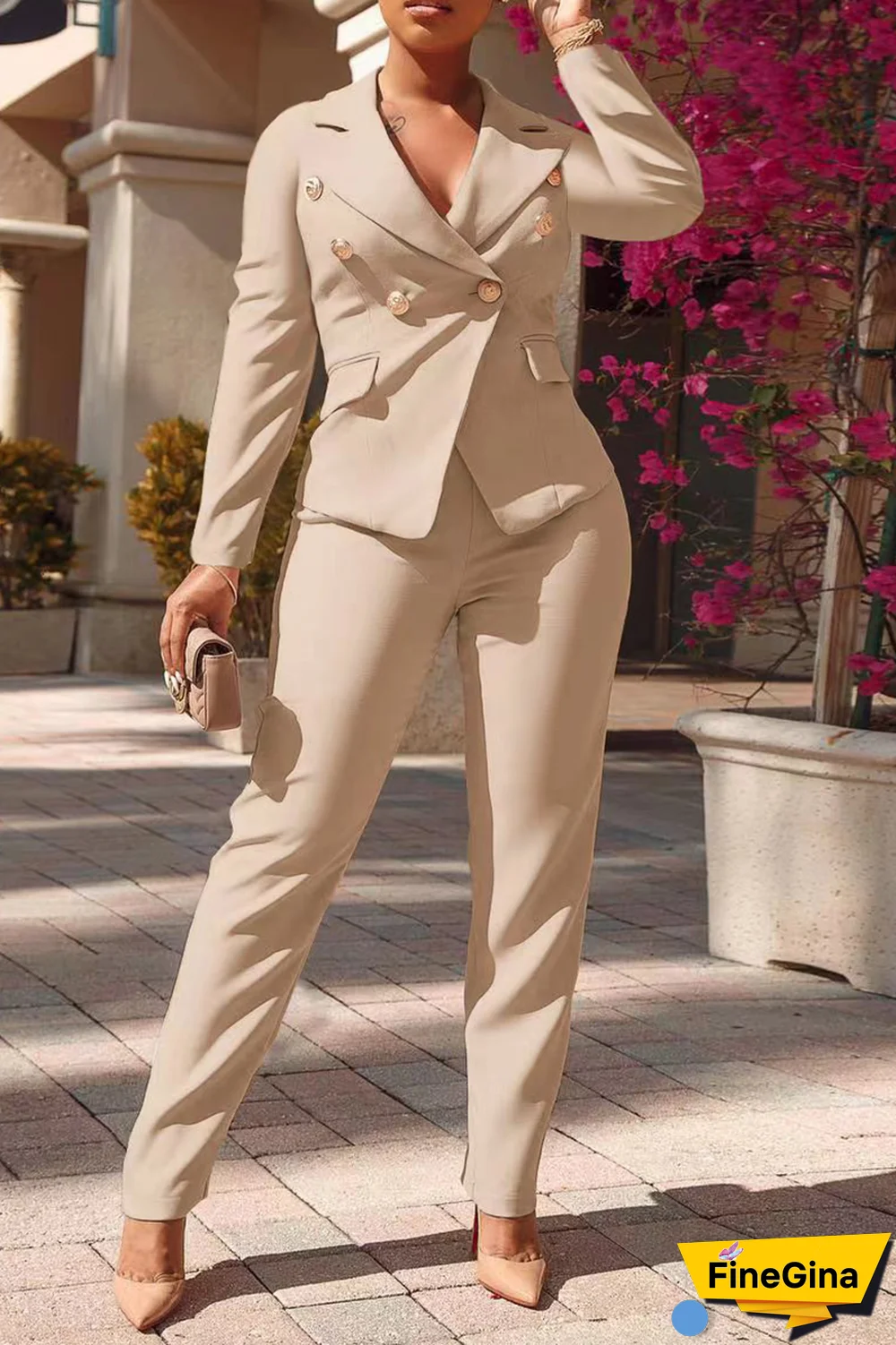 Pink Fashion Solid Buckle Turndown Collar Long Sleeve Two Pieces