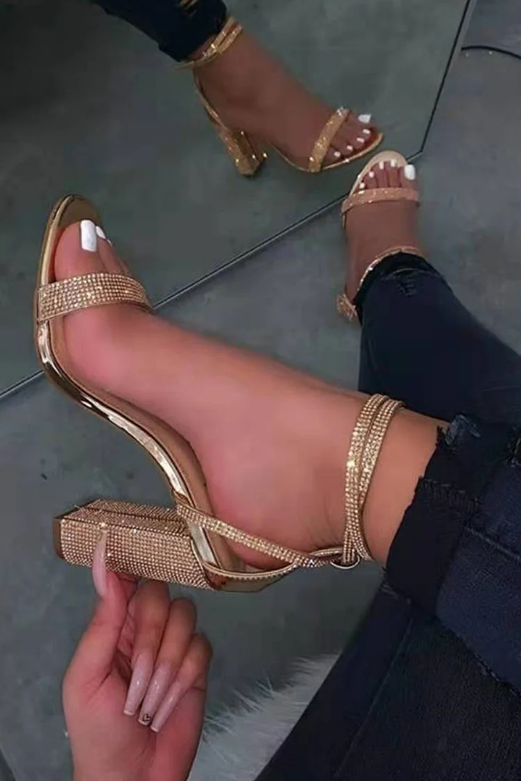 Party Rhinestone Ankle Strap Buckle Peep Toe Chunky Heel Pumps