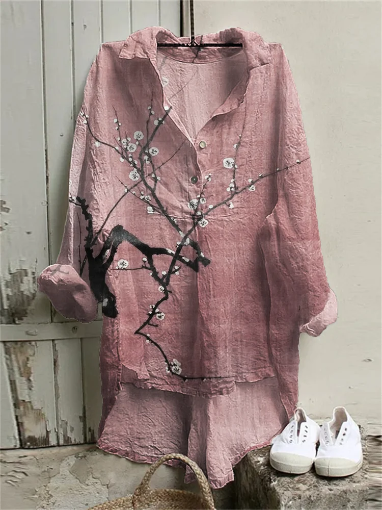Plum Blossom Japanese Art Linen Blend High Low Tunic