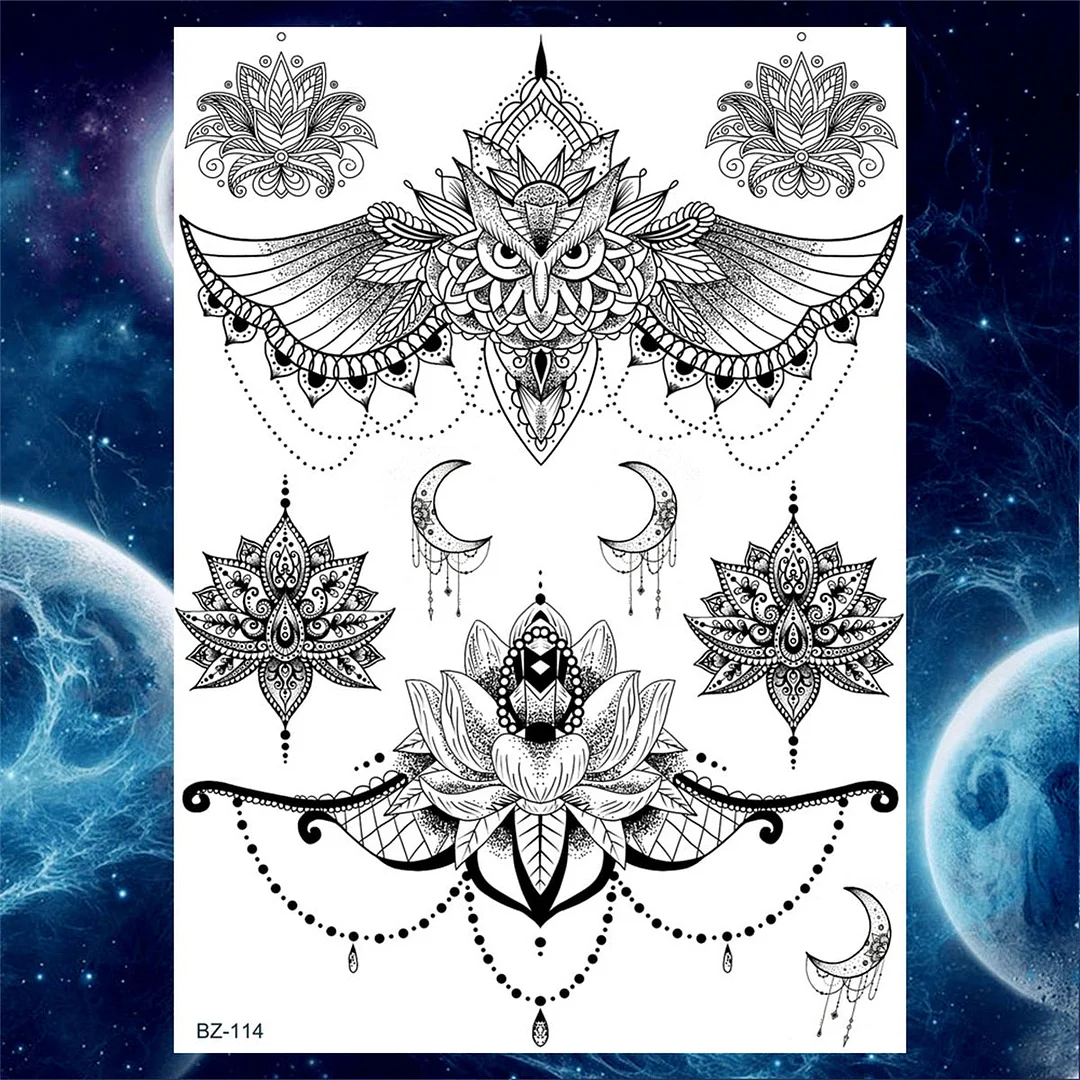 Lace Butterfly Temporary Tattoos For Women Girls Kids Tribal Black Henna Tattoo Sticker Mandala Flower Fake Jewelry Tatoos Adult