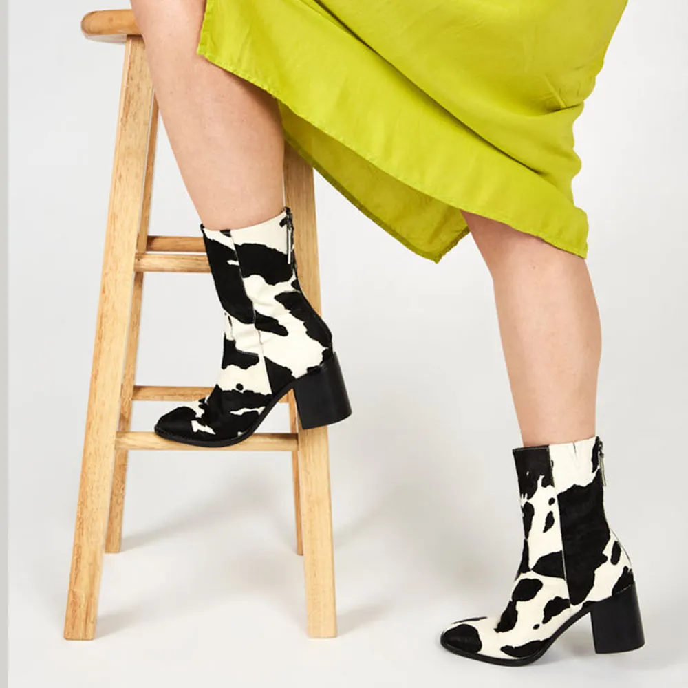 Short Square Toe Block Heel White & Black Fashion Boots for Women