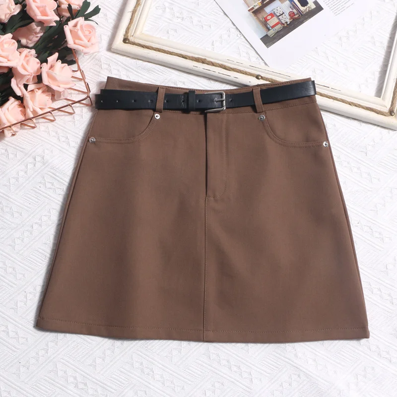 Uveng Real Shooting Gray Short Skirt Women's Summer Leisure High-Waisted Thin A-Body Skirt Anti-Walking Bag Hip Skirt With Belt 8010