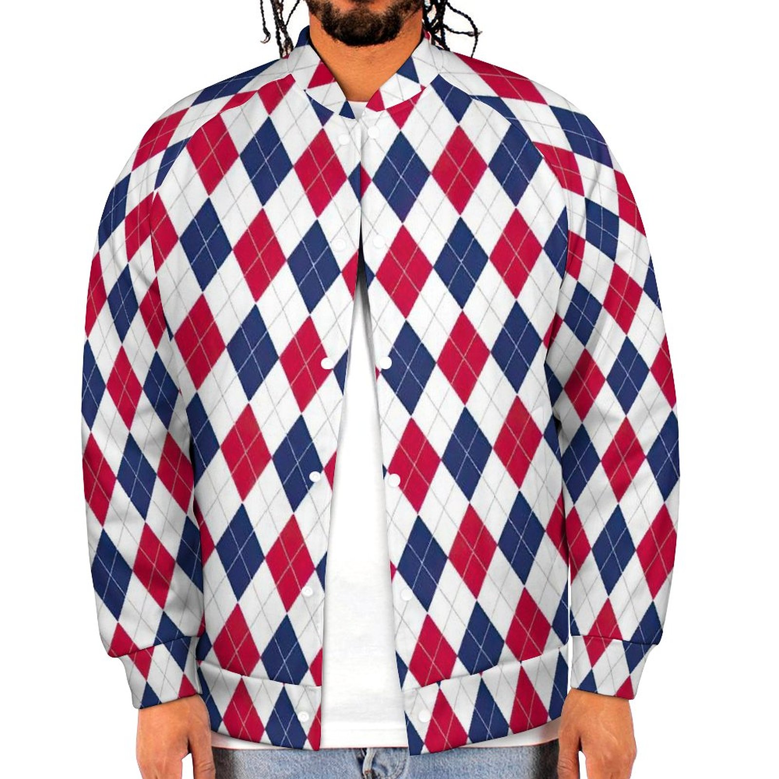 Red White Blue Preppy Argyle Harlequin Pattern Sweatshirt Jacket Mens Casual Lightweight Button Up Bomber Jacket Outwear