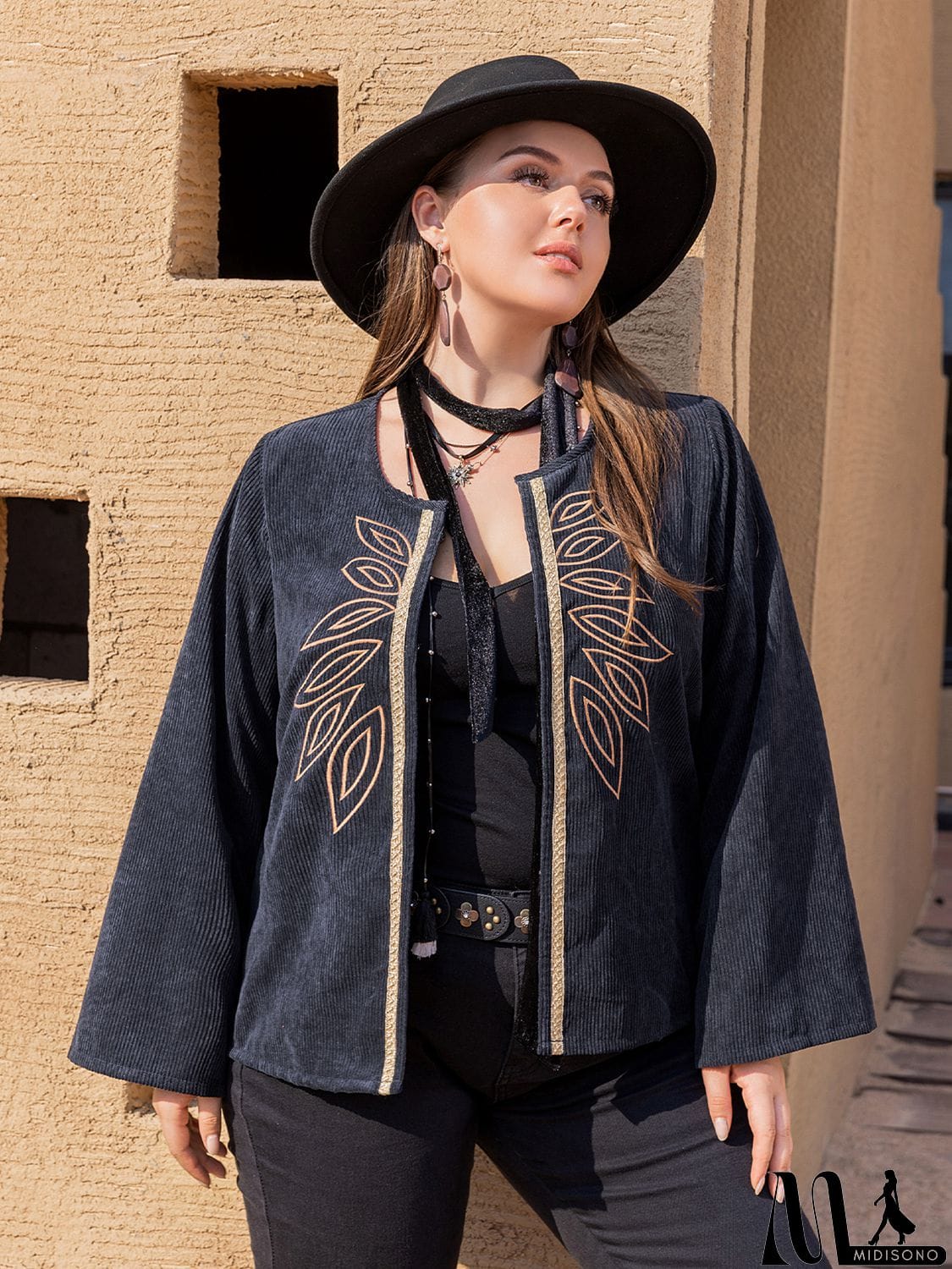 MidiSono - Plus Size Embroidered Open Front Jacket