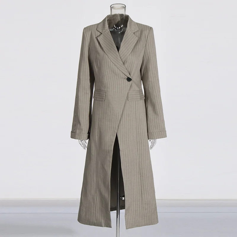 Zingj Fashion British Wind Blond Open Fork Long Suit 2025 New Striped Design Waist Thin Wind Coat Woman