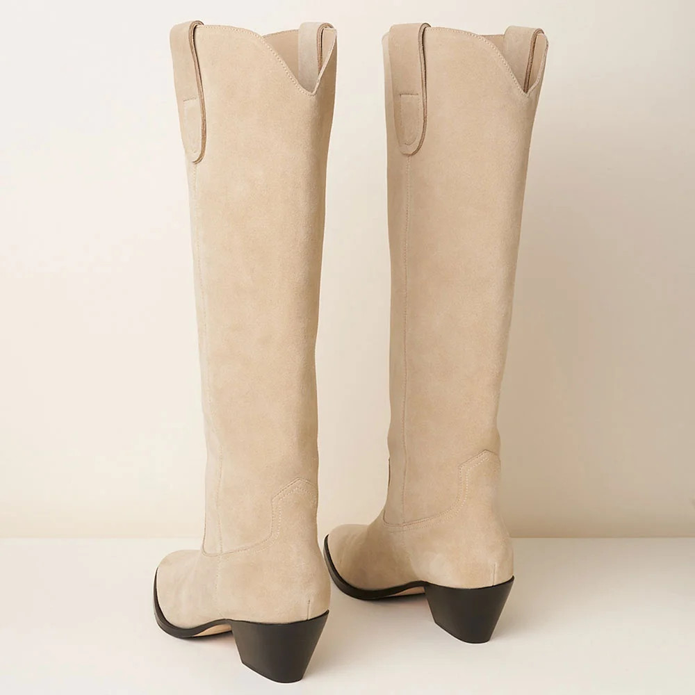Beige Vegan Suede Chunky Heel Round Toe Western Boots for Women