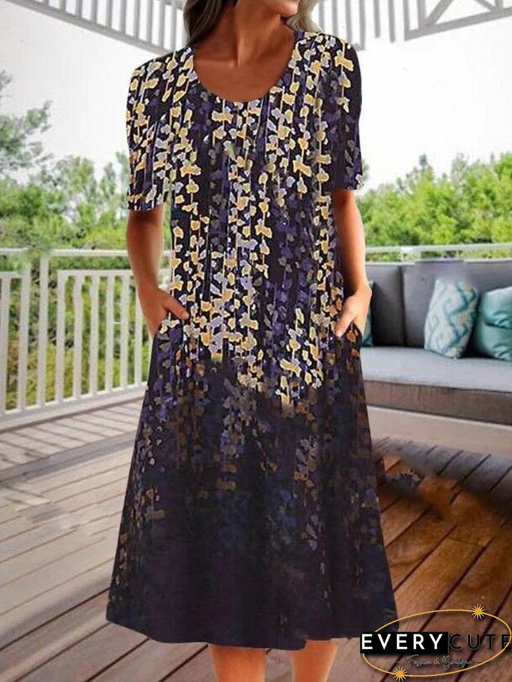 Fashion Personality Retro Floral Print Half Sleeve Dress Black Dresses