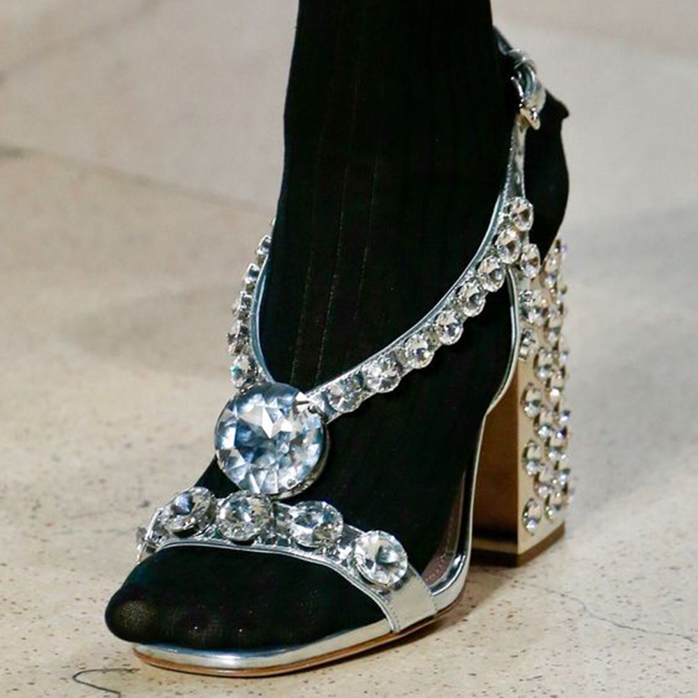 Silver Rhinestone Open Toe 4‘’ Chunky Heel Strappy Sandals Nicepairs