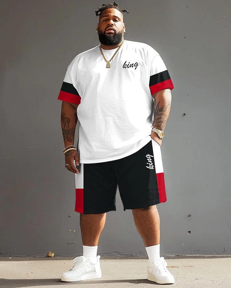 Men's Plus Size Casual Simple Red And Black Colorblock King Printed T-Shirt Shorts Suit