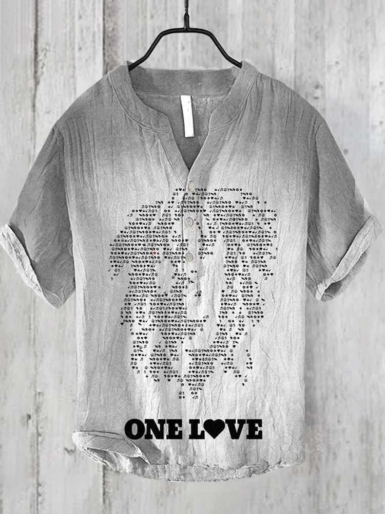 Reggae One Love Print V Neck Casual Linen Blend Shirt