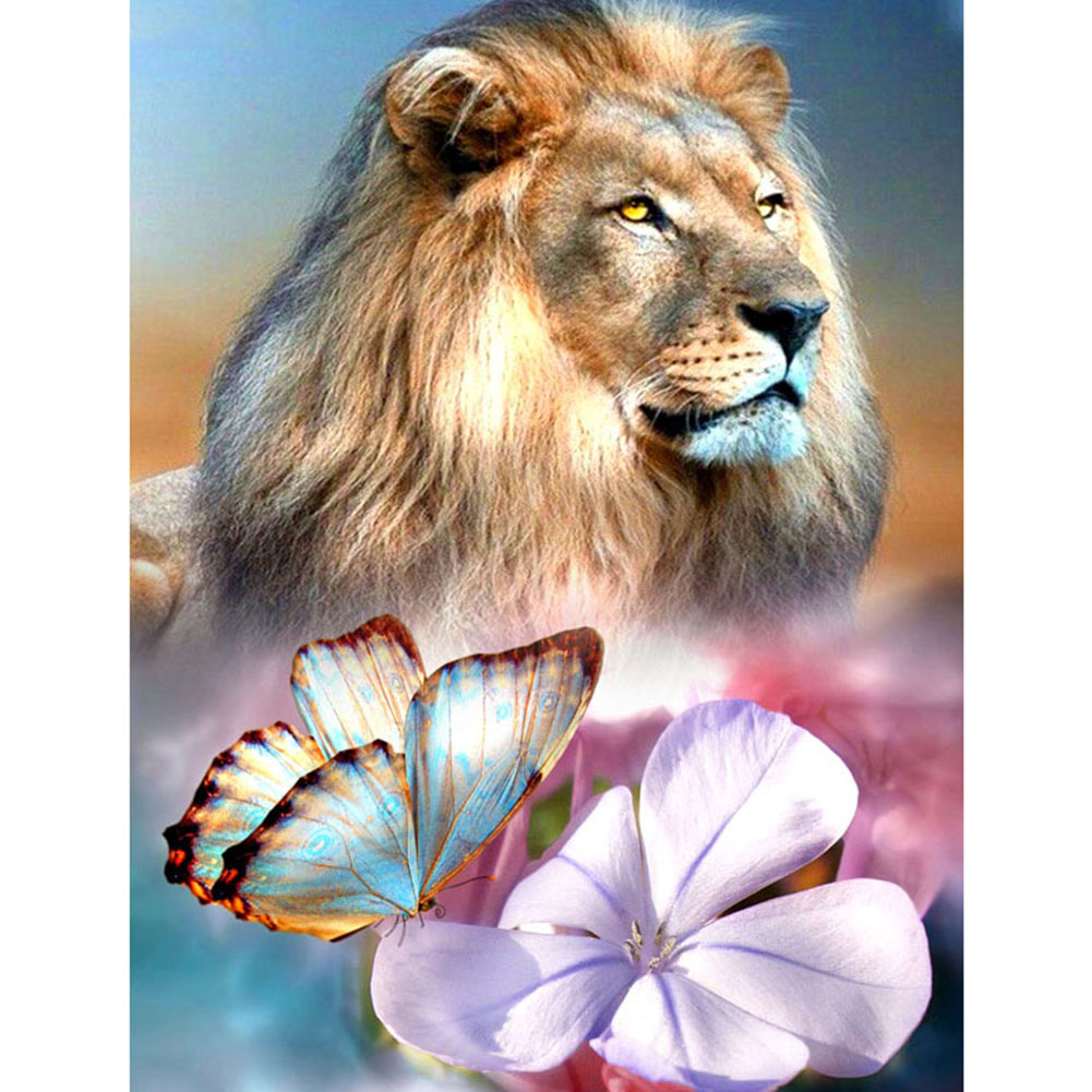 

30*40CM - Round Drill Diamond Painting - Lion and Butterfly Flower, 501 Original