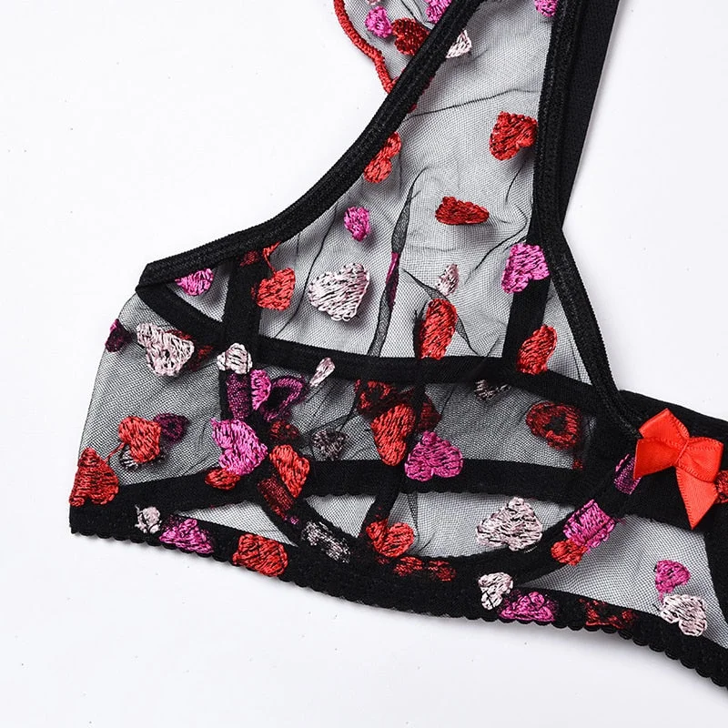 Ellolace Ruffled Sexy Lingerie Set Heart Shaped Embroidery Underwear Set Bra With Bones 2952