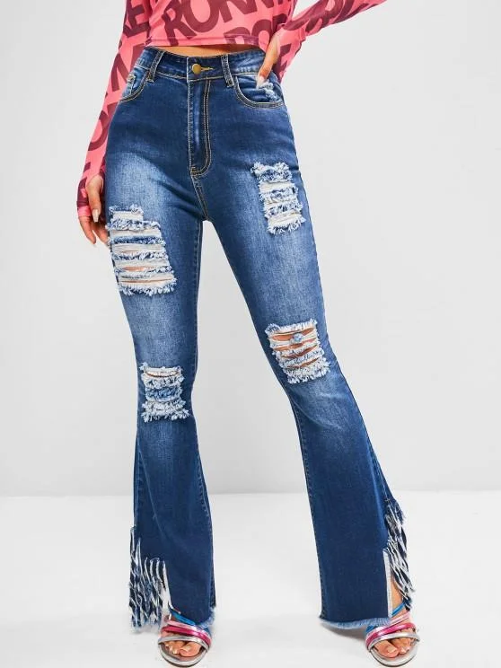 Fringed Distressed High Waisted Flare Jeans