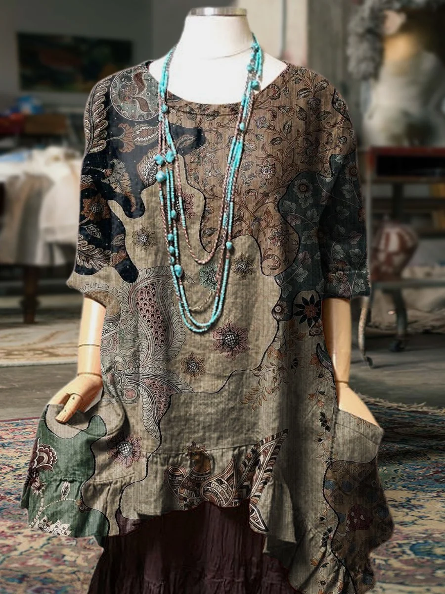 Women's Vintage Pattern Print Pocket Cotton Dress