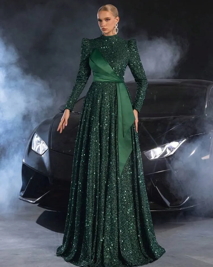Long Sleeves High-Neck Long A-Line Evening Dress With Satin | Dark Green Sequins ZT0351