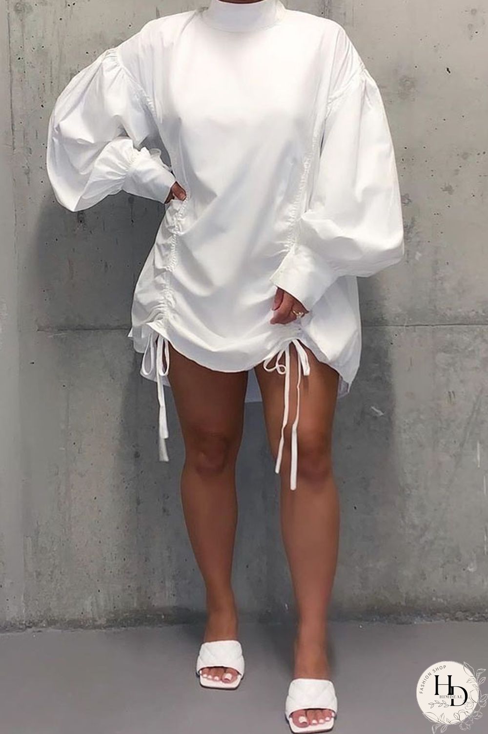 Blue OL lantern sleeve Long Sleeves Mandarin Collar Pleated Mini Print Solid Dresses