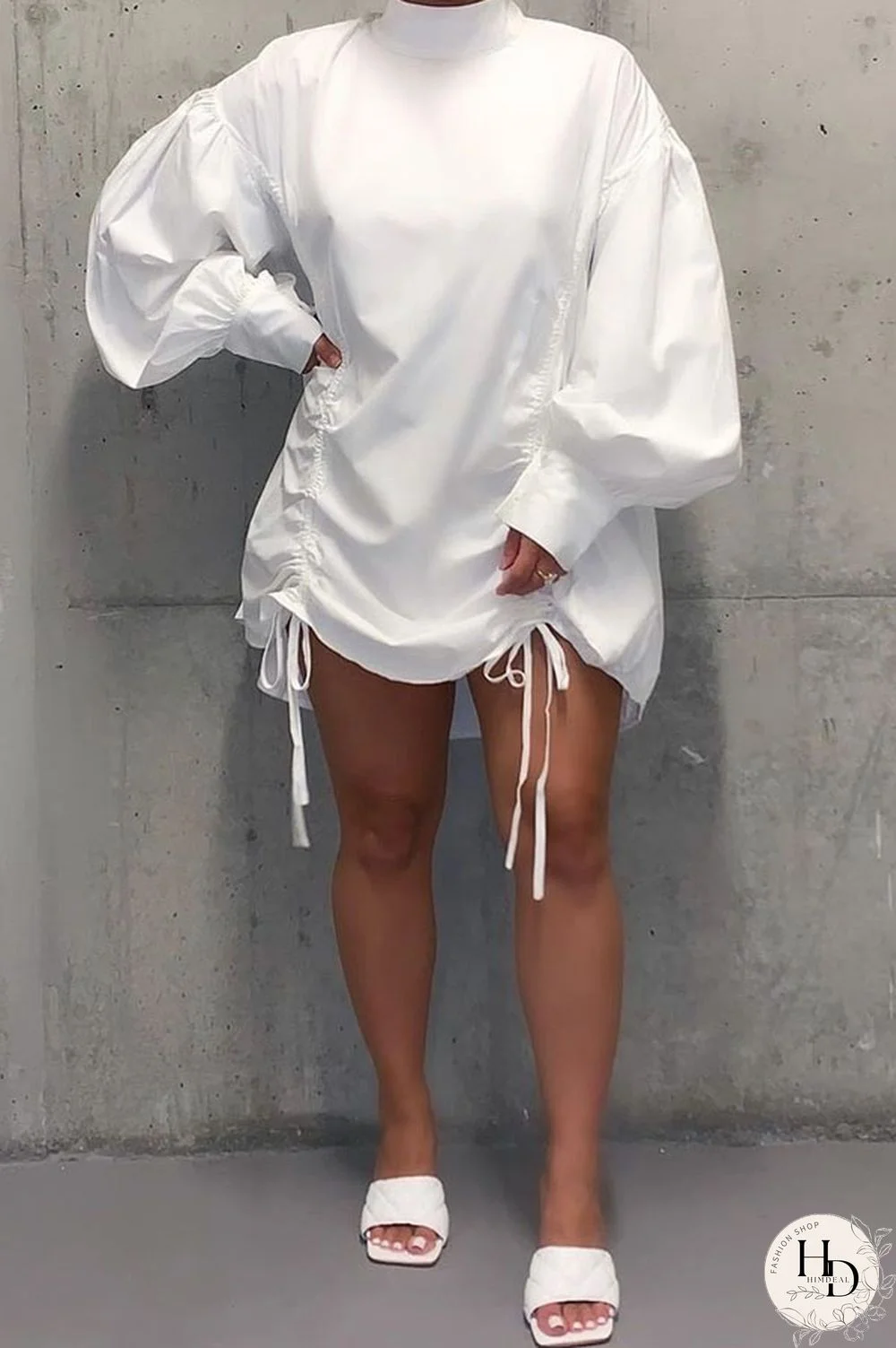 Blue OL lantern sleeve Long Sleeves Mandarin Collar Pleated Mini Print Solid Dresses