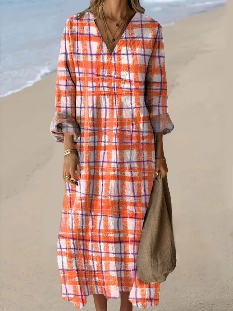 Women's Vintage Plaid Pattern Art Print Cotton Dress