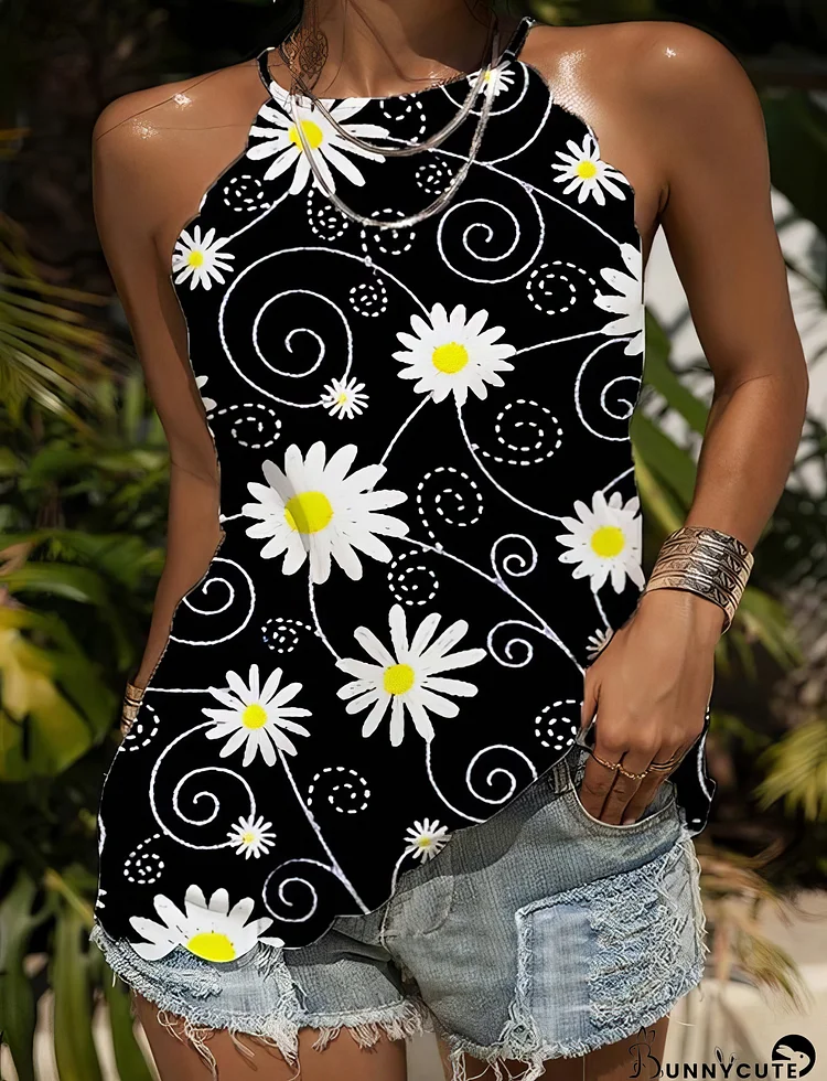 Daisy Print Tank Tops with Loose Fit and Round Neck