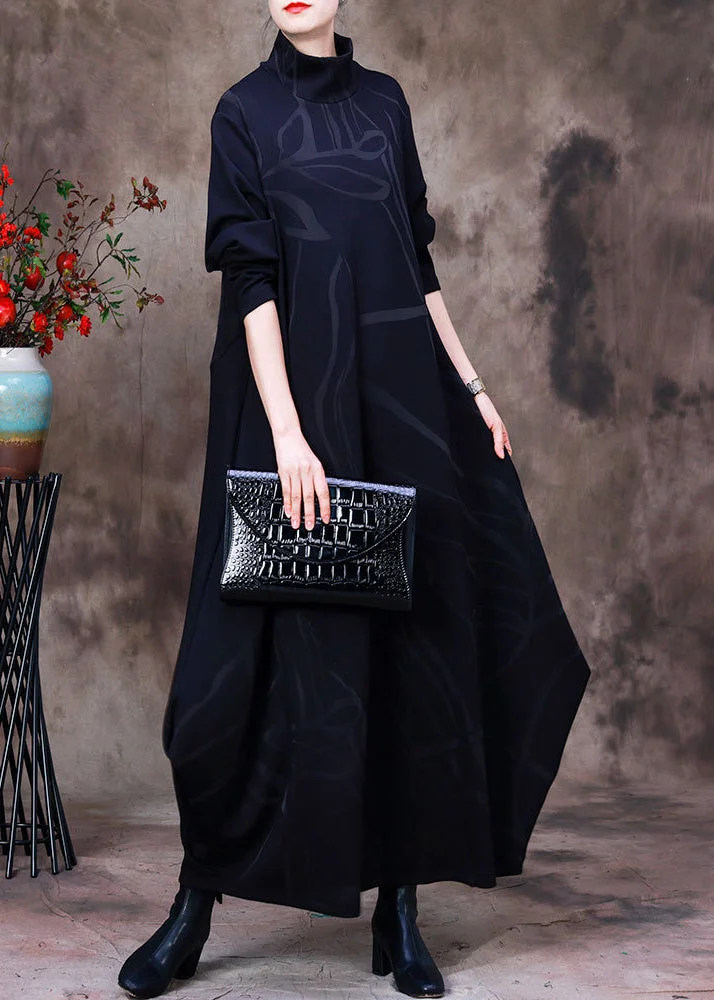 Jacquard Black Turtleneck Asymmetrical Maxi Dresses Long Sleeve