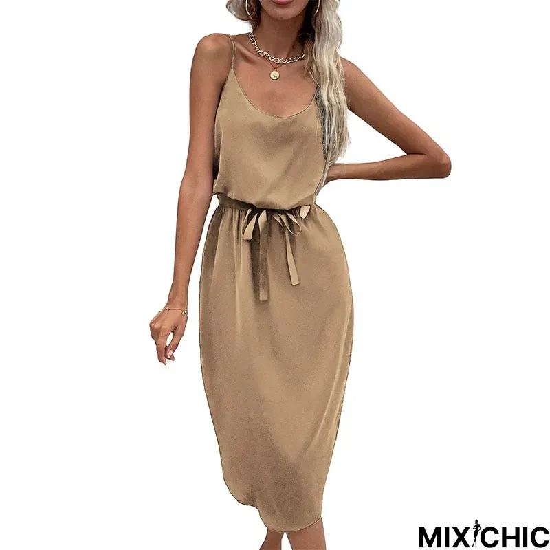 Solid Casual Split Suspender Dress