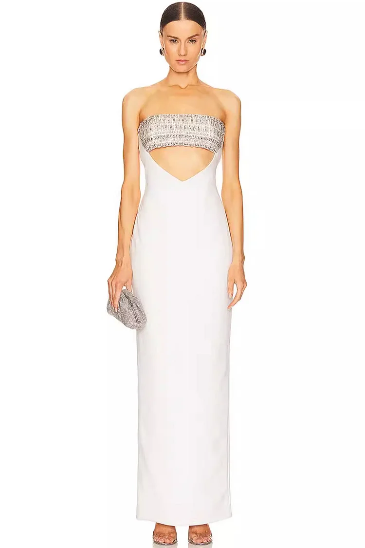 Strapless Rhinestone Embellished Cut Out Maxi Dress-White