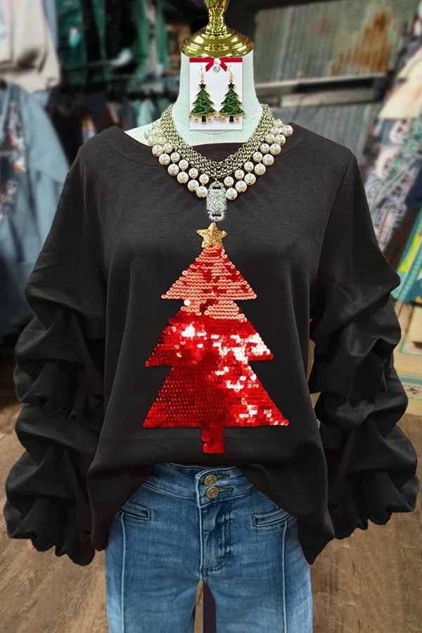 Sequin Christmas Tree Ruched Sleeve Top